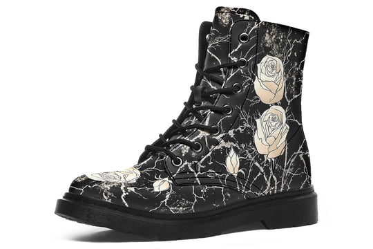 Ivory Kintsugi Rose Boots - Vegan Leather Doc-Style Boots with Durable Stitched on Soles