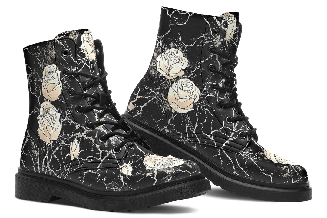 Ivory Kintsugi Rose Boots - Vegan Leather Doc-Style Boots with Durable Stitched on Soles