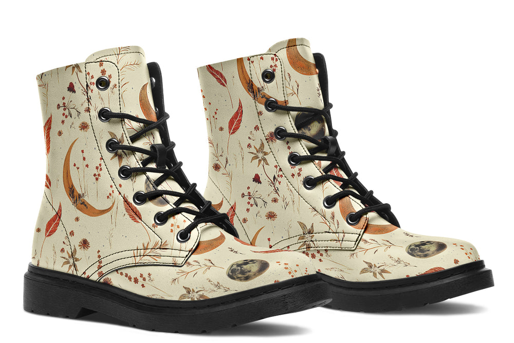 Ivory Moonlit Botanica Boots - Vegan Leather Doc-Style Boots with Durable Stitched on Soles