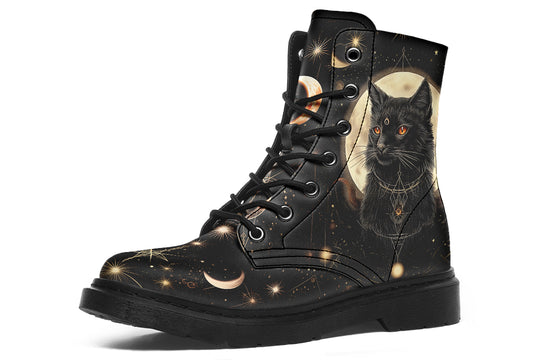 Midnight Cat Boots - Vegan Leather Doc-Style Boots with Durable Stitched on Soles