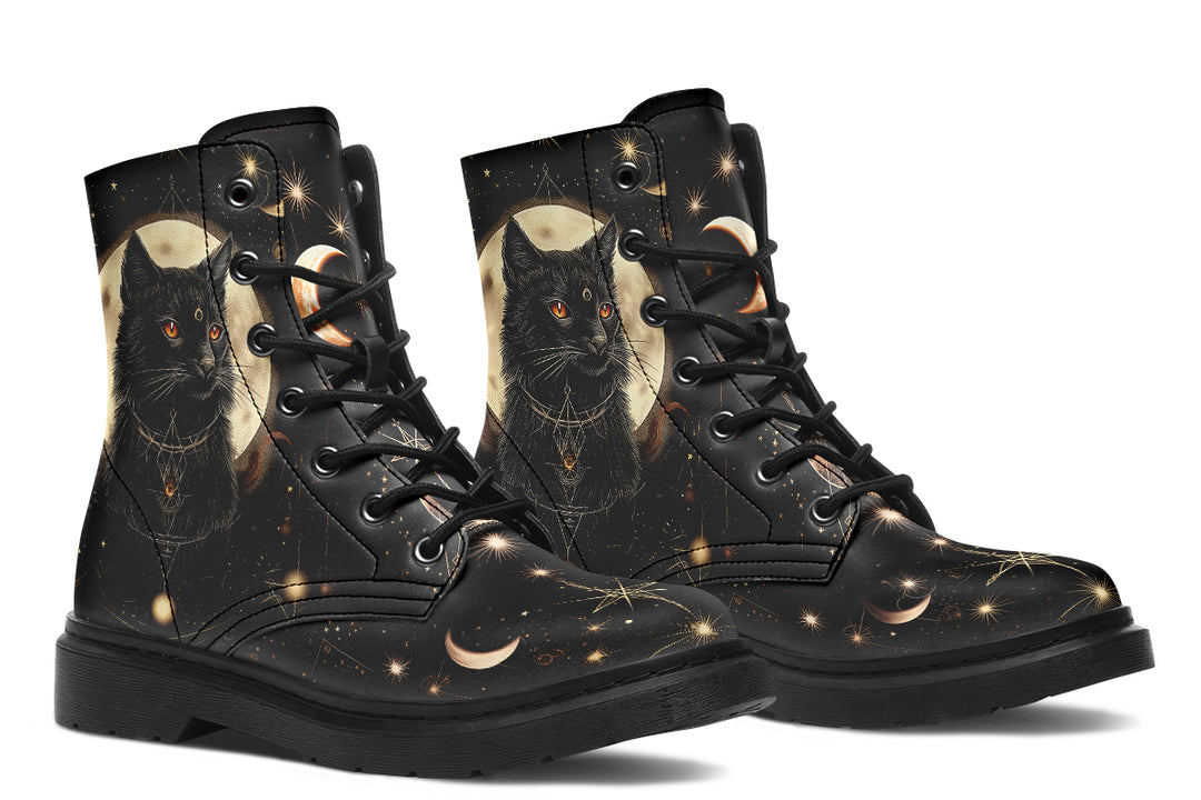 Midnight Cat Boots - Vegan Leather Doc-Style Boots with Durable Stitched on Soles