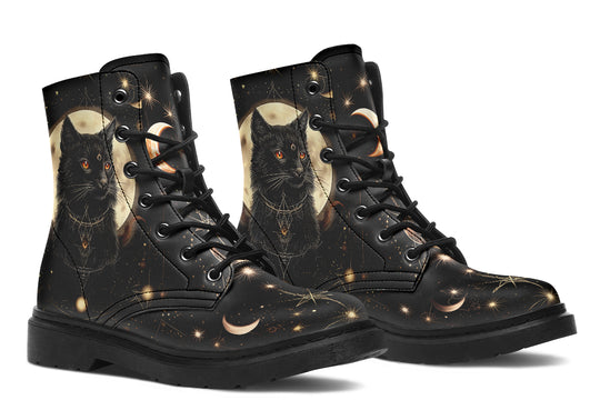 Midnight Cat Boots - Vegan Leather Doc-Style Boots with Durable Stitched on Soles