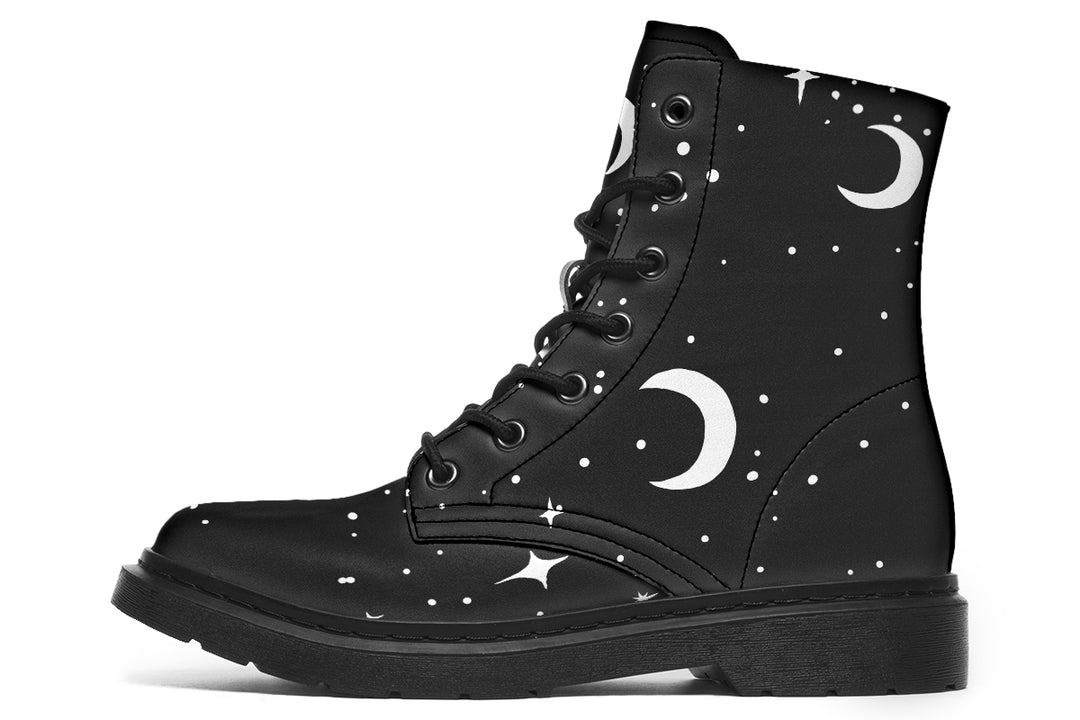 MoonDust Boots - Vegan Leather Boots Black Combat Ankle Goth Galaxy Lace-up Festival Shoes