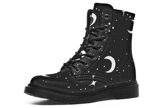 MoonDust Boots - Vegan Leather Boots Black Combat Ankle Goth Galaxy Lace-up Festival Shoes