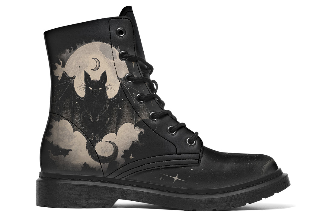 Moonlit Bat Boots - Vegan Leather Doc-Style Boots with Durable Stitched on Soles