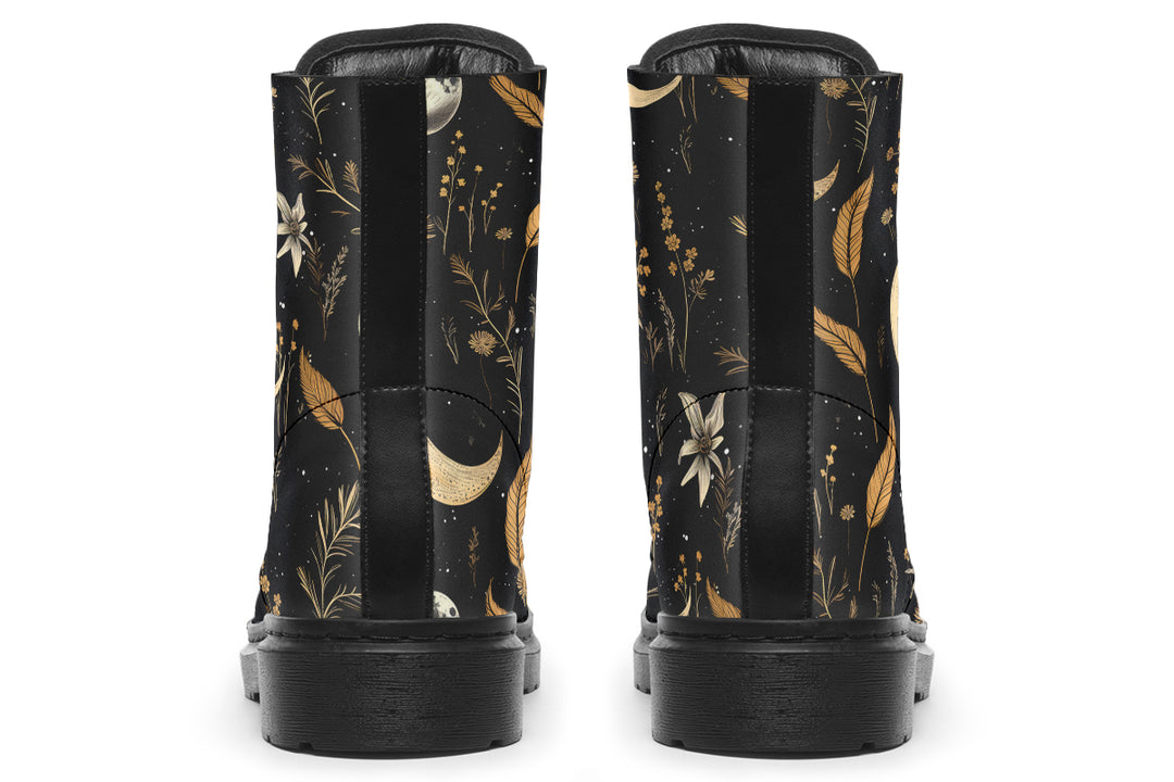 Moonlit Botanica Boots - Cruelty-free Black Combat Lace-up Vegan Leather Dark Academia Boots