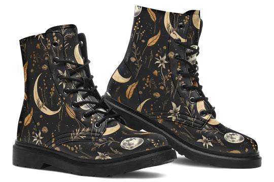 Moonlit Botanica Boots - Cruelty-free Black Combat Lace-up Vegan Leather Dark Academia Boots