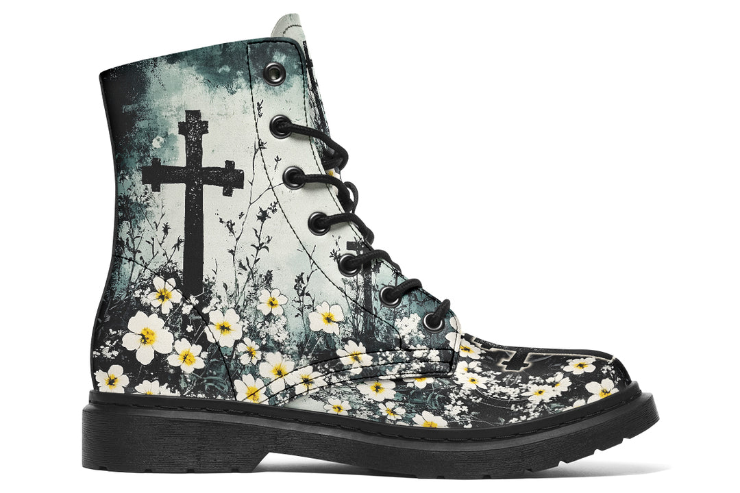 Mourning Petals Boots - Vegan Leather Doc-Style Boots with Durable Stitched on Soles