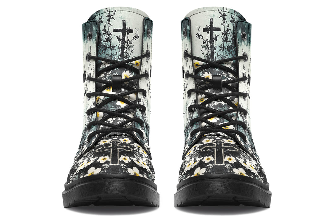 Mourning Petals Boots - Vegan Leather Doc-Style Boots with Durable Stitched on Soles