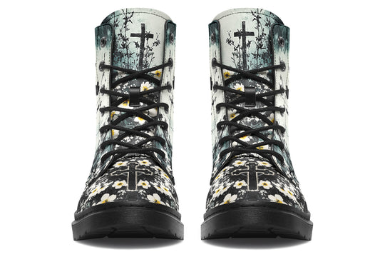 Mourning Petals Boots - Vegan Leather Doc-Style Boots with Durable Stitched on Soles