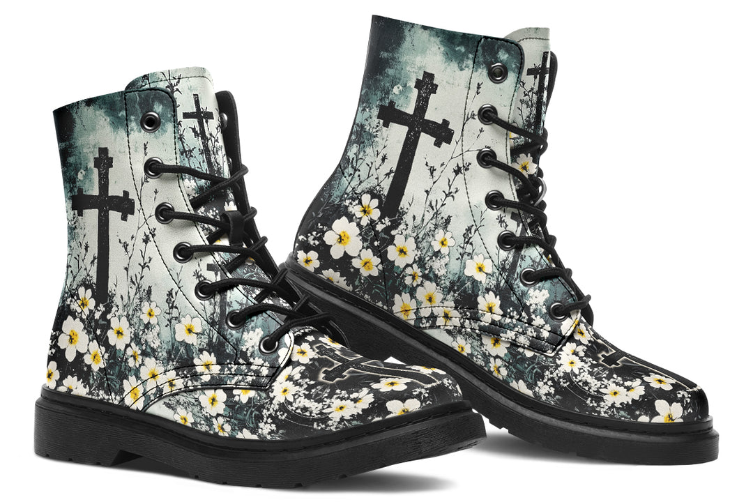 Mourning Petals Boots - Vegan Leather Doc-Style Boots with Durable Stitched on Soles