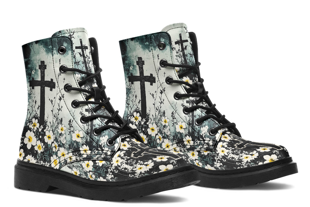 Mourning Petals Boots - Vegan Leather Doc-Style Boots with Durable Stitched on Soles