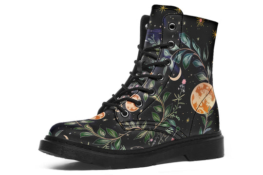 Night Blossom Boots - Vegan Leather Doc-Style Boots with Durable Stitched on Soles