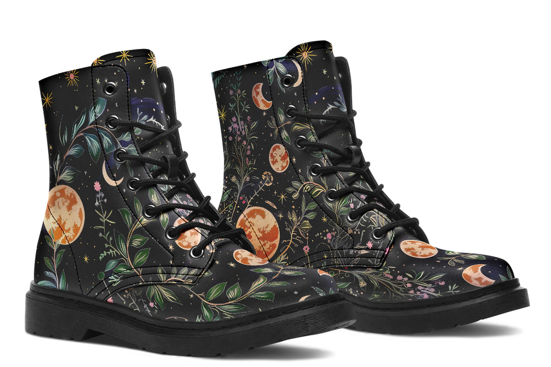 Night Blossom Boots - Vegan Leather Doc-Style Boots with Durable Stitched on Soles