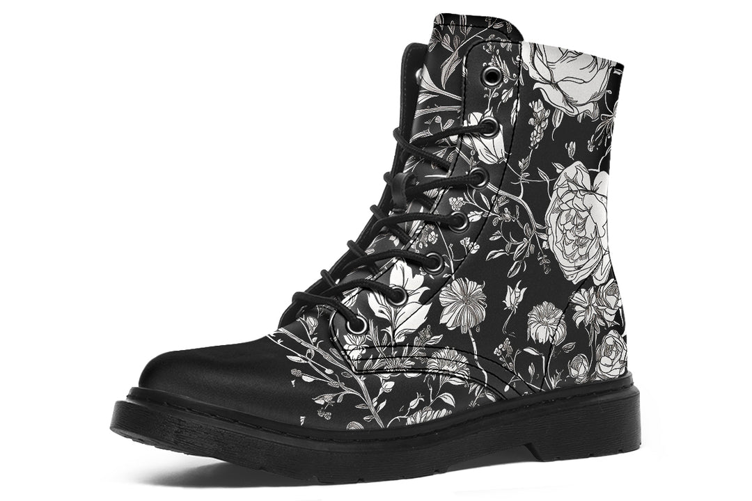 Noir Bouquet Boots - Vegan Leather Doc-Style Boots with Durable Stitched on Soles