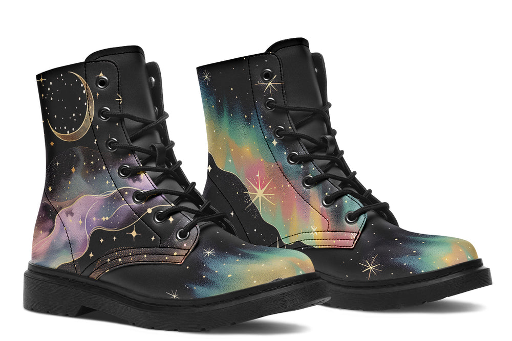 Northern Lights Boots - Statement Boots Lace-up Black Combat Galaxy Print Vegan Leather Shoes