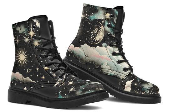 Orion’s Dream Boots - Vegan Leather Boots Lace-up Ankle Black Combat Galaxy Print Festival Shoes