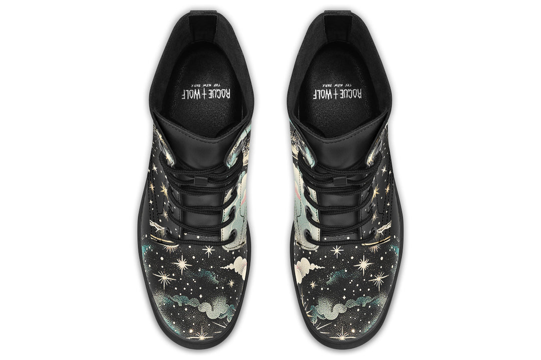 Orion’s Dream Boots - Vegan Leather Boots Lace-up Ankle Black Combat Galaxy Print Festival Shoes