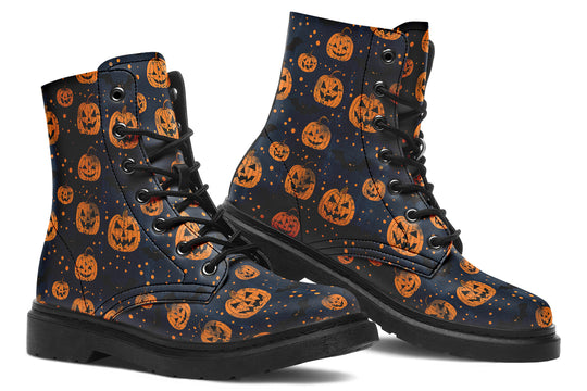 Pumpkin Party Boots - Vegan Leather Doc-Style Boots with Durable Stitched on Soles