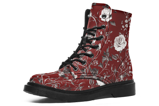 Red Rose Romance Boots - Vegan Leather Doc-Style Boots with Durable Stitched on Soles