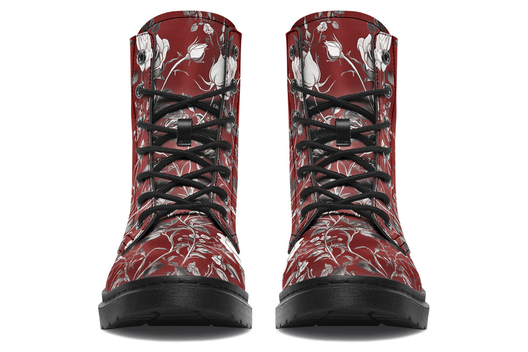 Red Rose Romance Boots - Vegan Leather Doc-Style Boots with Durable Stitched on Soles