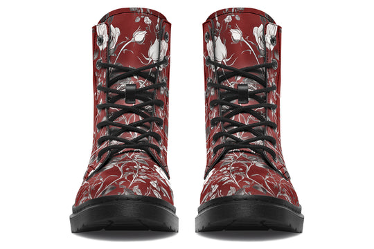 Red Rose Romance Boots - Vegan Leather Doc-Style Boots with Durable Stitched on Soles