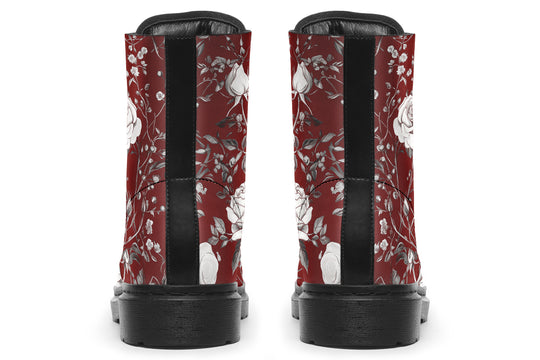 Red Rose Romance Boots - Vegan Leather Doc-Style Boots with Durable Stitched on Soles