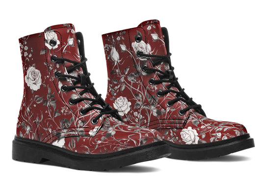 Red Rose Romance Boots - Vegan Leather Doc-Style Boots with Durable Stitched on Soles