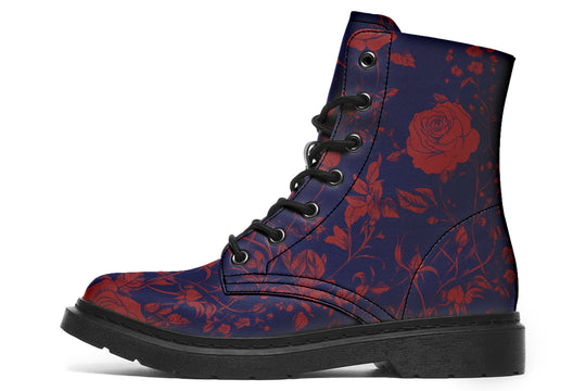 Scarlet Rose Romance Boots - Vegan Leather Doc-Style Boots with Durable Stitched on Soles