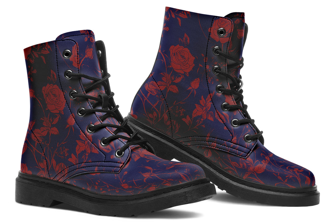 Scarlet Rose Romance Boots - Vegan Leather Doc-Style Boots with Durable Stitched on Soles