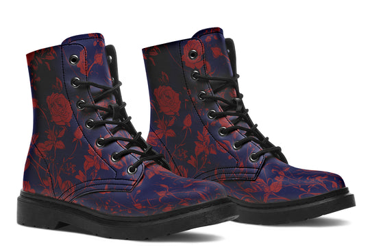 Scarlet Rose Romance Boots - Vegan Leather Doc-Style Boots with Durable Stitched on Soles