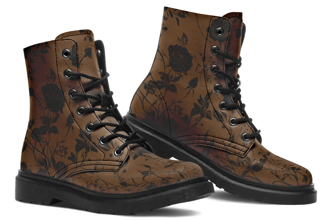 Sepia Rose Romance Boots - Vegan Leather Doc-Style Boots with Durable Stitched on Soles