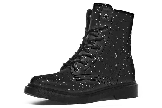 Starry Night Boots - Vegan Leather Boots Black Combat Lace-up Ankle Goth Galaxy Print Festival Shoes