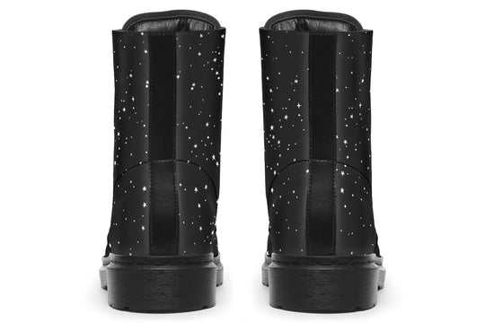 Starry Night Boots - Vegan Leather Boots Black Combat Lace-up Ankle Goth Galaxy Print Festival Shoes