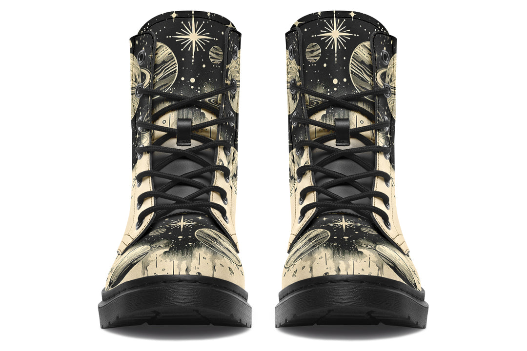 Starwalker Boots - Galaxy Print Vegan Leather Lace-Up Goth Ankle Combat Boots Cruelty-Free