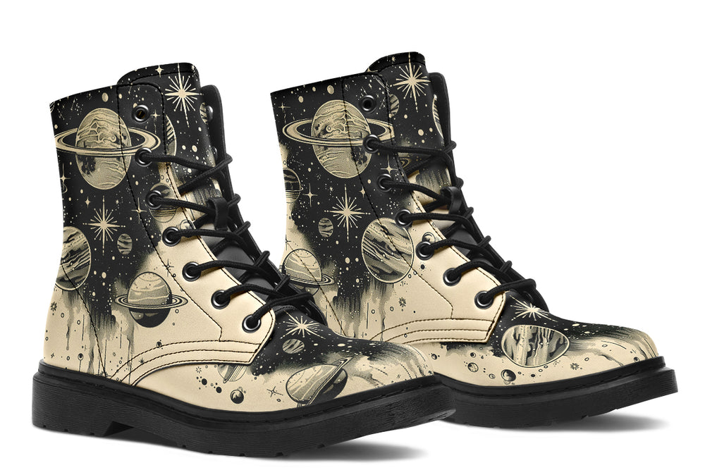Starwalker Boots - Galaxy Print Vegan Leather Lace-Up Goth Ankle Combat Boots Cruelty-Free