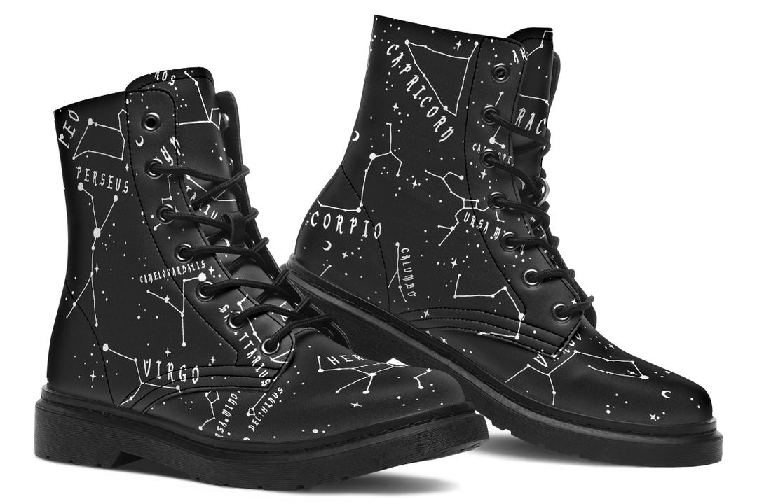 Stellar Boots - Galaxy Print Vegan Leather Lace-up Ankle Combat Goth Boots Cruelty-free