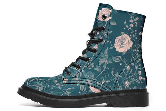 Teal Rose Romance Boots - Vegan Leather Doc-Style Boots with Durable Stitched on Soles