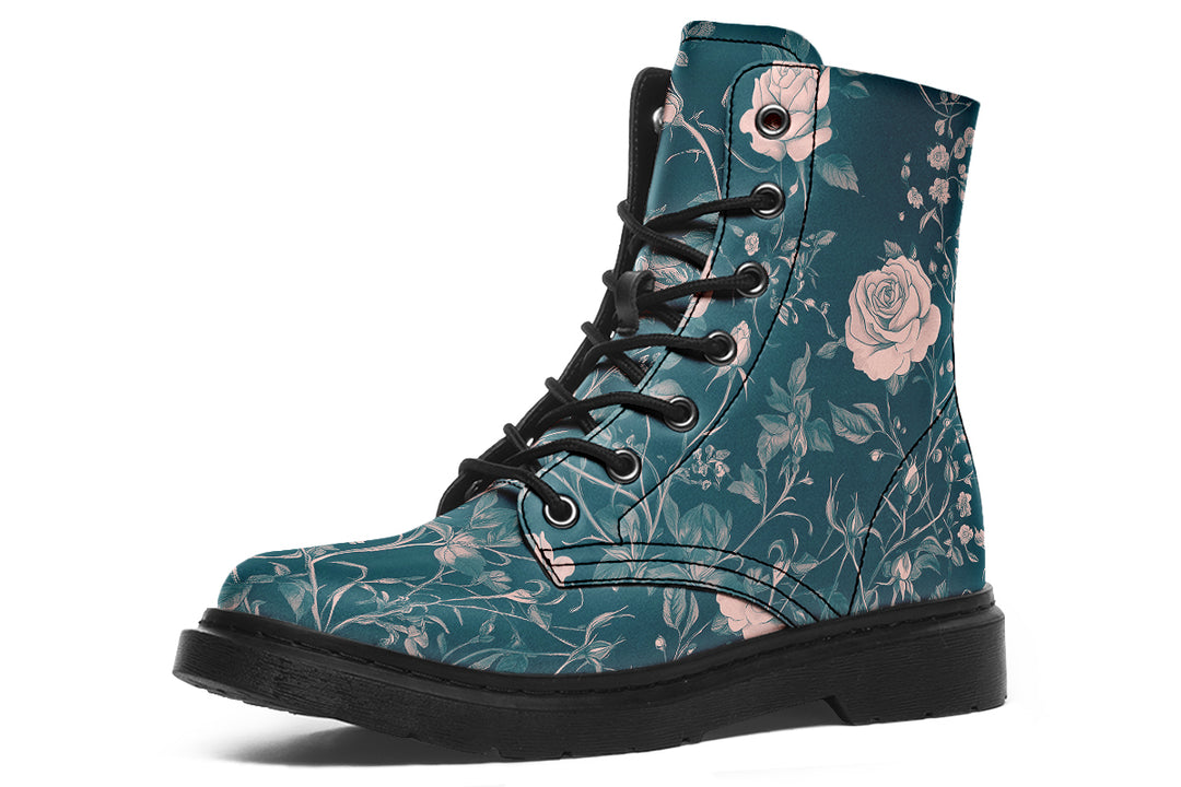 Teal Rose Romance Boots - Vegan Leather Doc-Style Boots with Durable Stitched on Soles