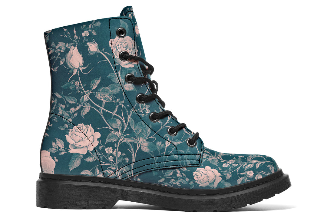 Teal Rose Romance Boots - Vegan Leather Doc-Style Boots with Durable Stitched on Soles