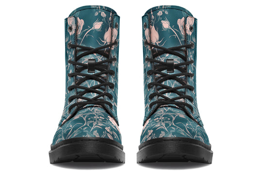 Teal Rose Romance Boots - Vegan Leather Doc-Style Boots with Durable Stitched on Soles