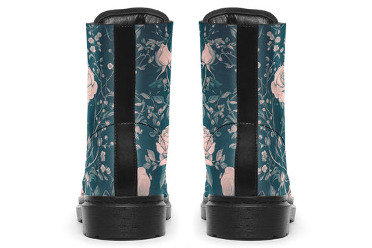 Teal Rose Romance Boots - Vegan Leather Doc-Style Boots with Durable Stitched on Soles