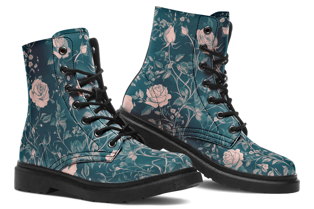 Teal Rose Romance Boots - Vegan Leather Doc-Style Boots with Durable Stitched on Soles