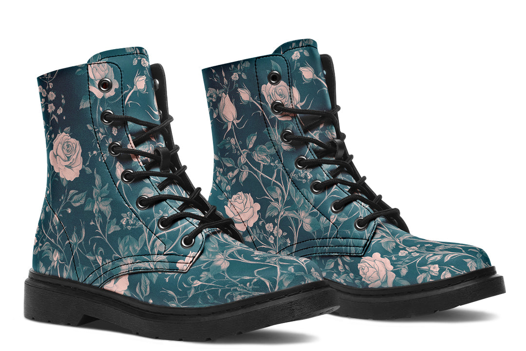 Teal Rose Romance Boots - Vegan Leather Doc-Style Boots with Durable Stitched on Soles