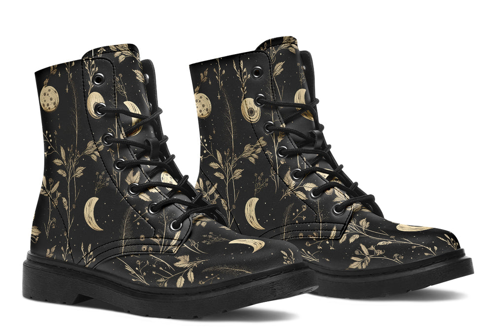 Twilight Garden Boots - Vegan Leather Lace-up Ankle Goth Combat Floral Print Festival Boots