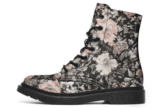 Vintage Peonies Boots - Vegan Leather Doc-Style Boots with Durable Stitched on Soles