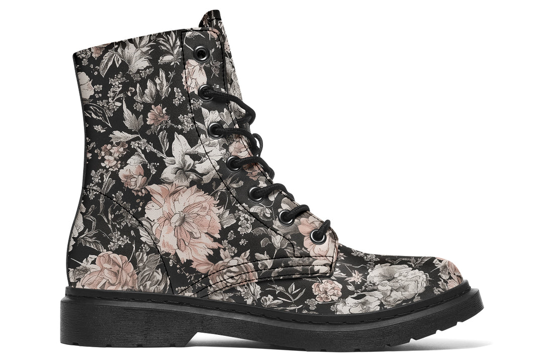 Vintage Peonies Boots - Vegan Leather Doc-Style Boots with Durable Stitched on Soles