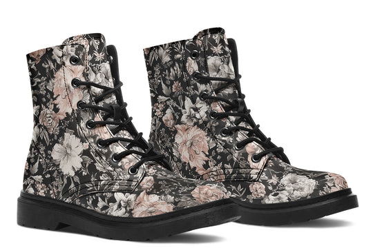 Vintage Peonies Boots - Vegan Leather Doc-Style Boots with Durable Stitched on Soles