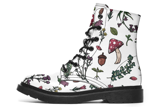 White Herbology Boots - Vegan Leather Doc-Style Boots with Durable Stitched on Soles