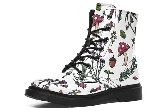 White Herbology Boots - Vegan Leather Doc-Style Boots with Durable Stitched on Soles